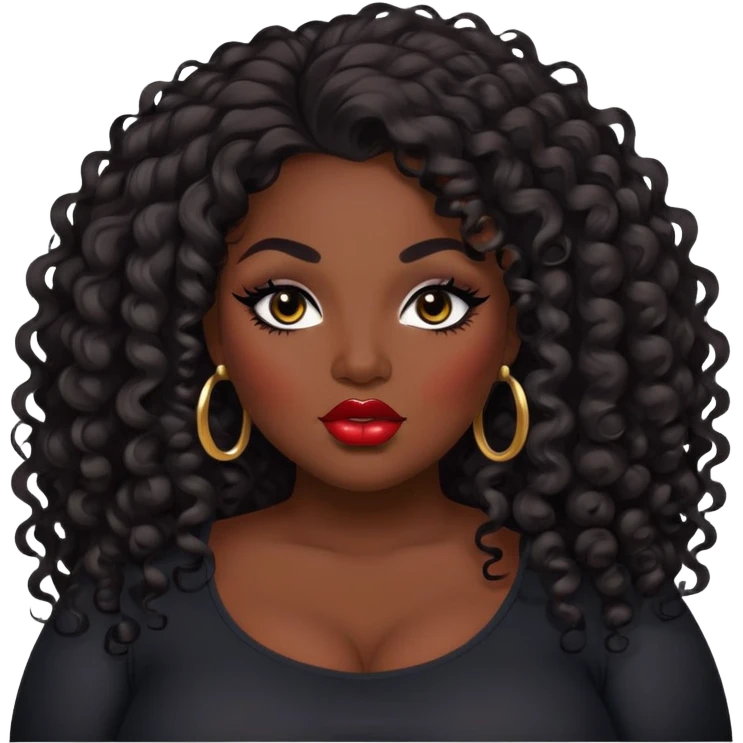 big plus size, dark skin, curly long hair, baddie,pretty lips, makeup, black eyeliner, long hair emoji