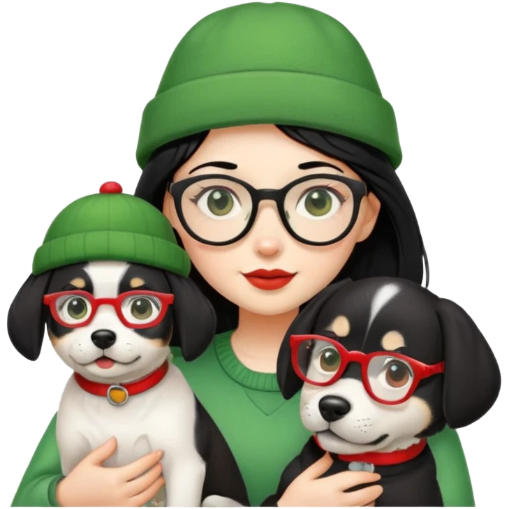 A girl with a dog in a green hat with red glasses and black hair emoji