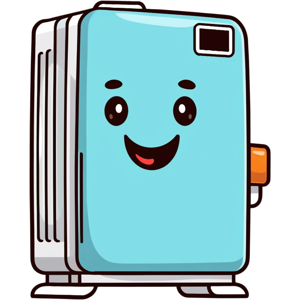 Cute cartoonish air conditioner with smiling face blowing cold air emoji