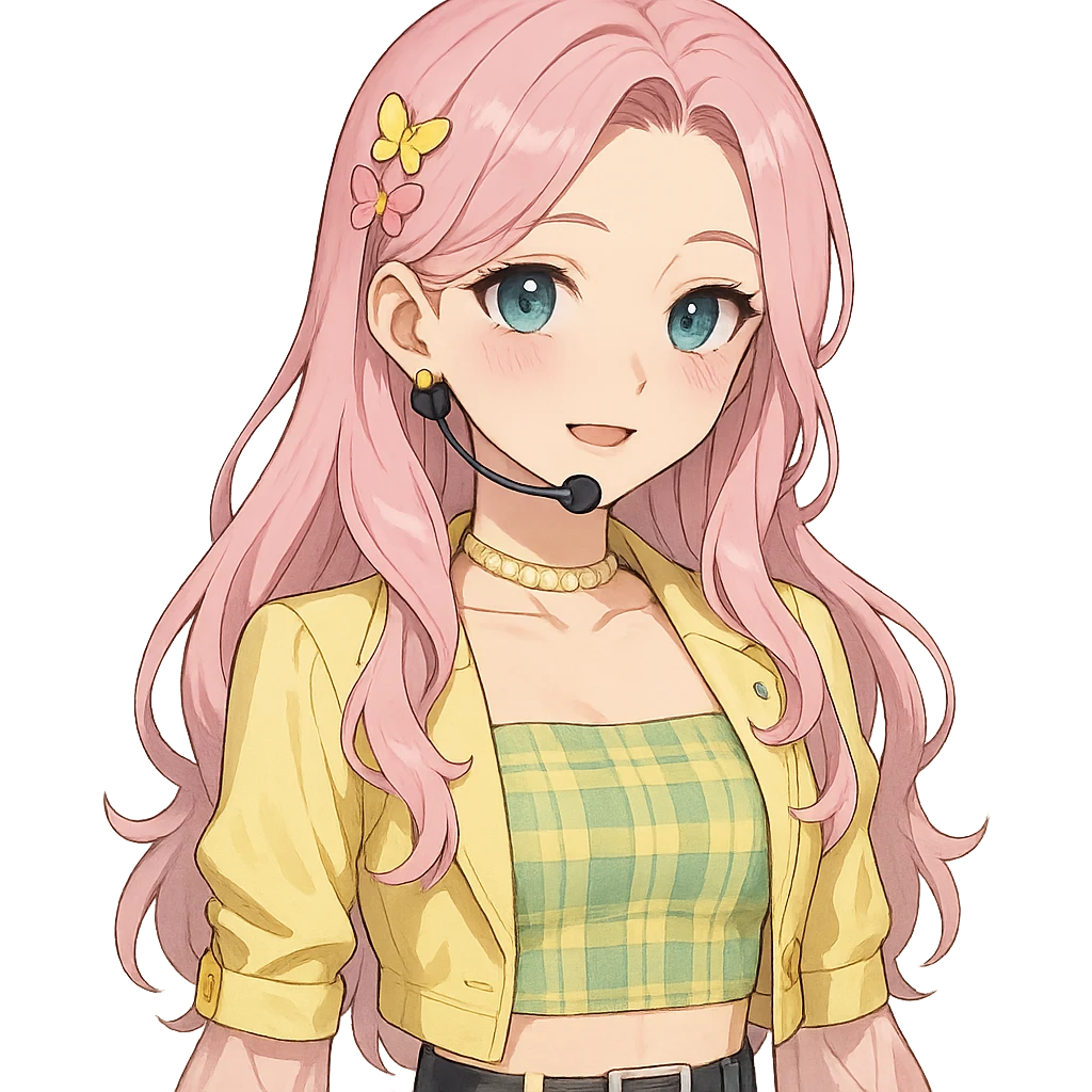 Fluttershy reimagined as a human K-pop idol in anime style, pastel pink hair, trendy stage outfit, soft makeup, transparent background emoji