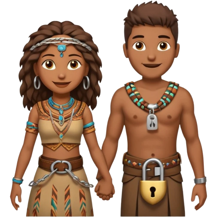 A happy tribal man holding hands with a happy tribal woman wearing a belt with a padlock emoji
