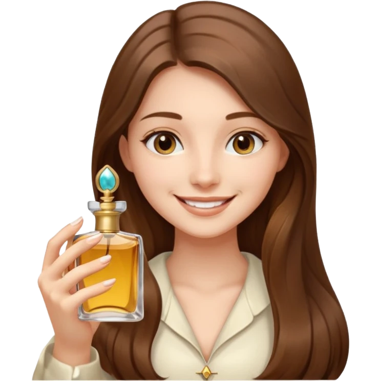 half body pretty long hair girl holding 1 parfume with smile emoji