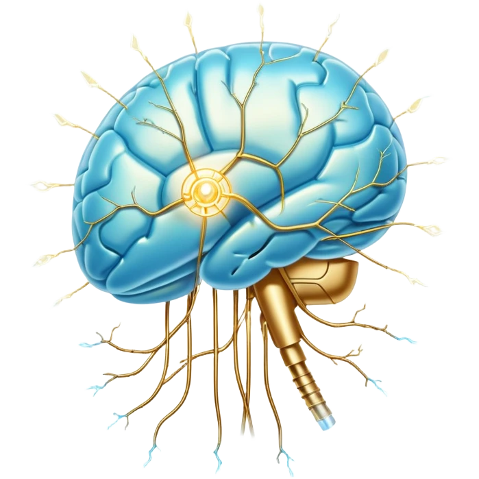 Ethereal pearlescent and light blue capsule in the foreground with a translucent brain positioned behind it, illuminated by golden electrical pulses forming a neural network. A small glowing liver symbol to the side, all surrounded by a mystical aura of mental focus and clarity emoji