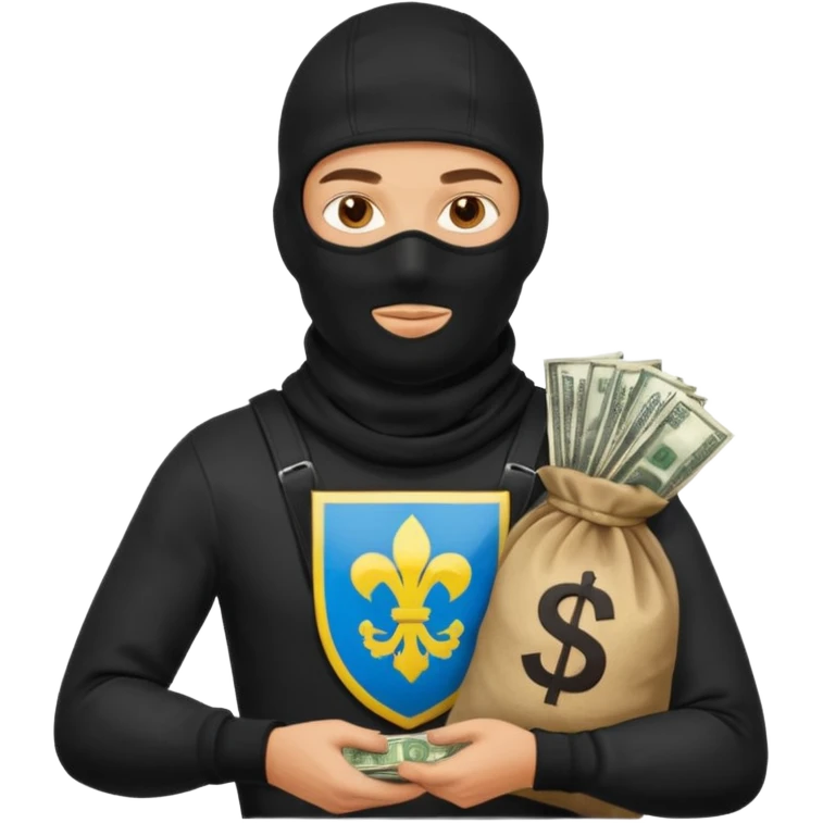 создай украинца в черное одежде с эмблемой страны и черной балаклаве с большим мешком денег в руках emoji