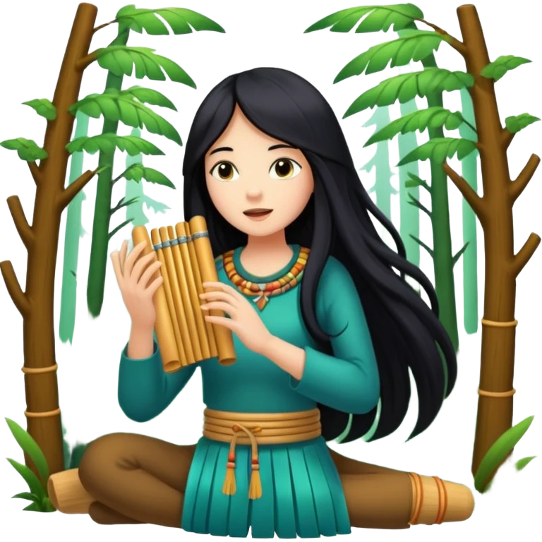 mystical forest woman with long black hair playing glowing pan flute emoji