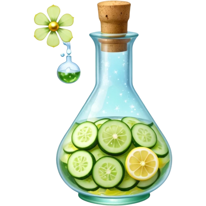 potion bottle with a perfectly round floating bottom, very small cork, very short neck, filled with #00d9ff liquid, inside cucumber slices, lemon slices, ice cubes, edible flower petals, and magical sparkles, soft lighting, transparent glass, clean background, fantasy style emoji
