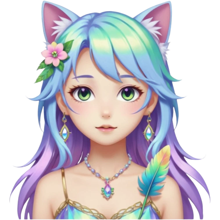 Beautiful gorgeous anime catgirl with beautiful iridescent-special-hair, fashion aesthetic, ethereal, fairycore, pastelcore, feather, flower, gems, accessories, jewelries, gold, colorful emoji