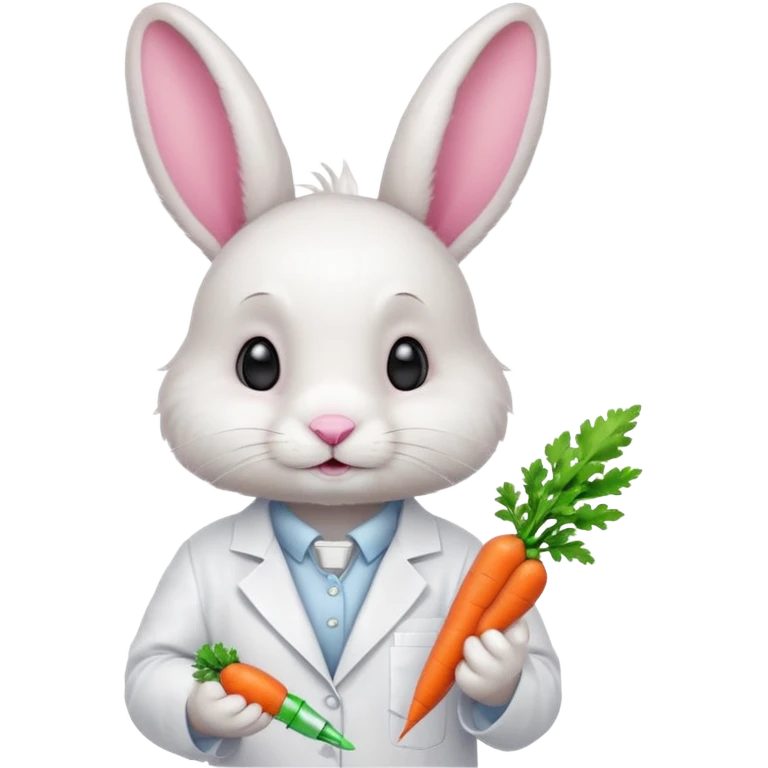 ​​White bunny in lab coat holding carrot syringe.







 emoji