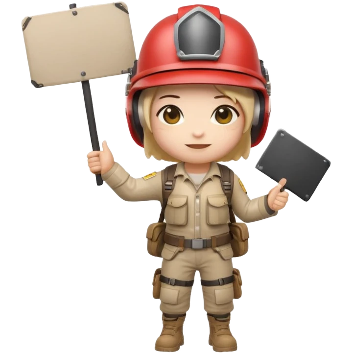 Create a cute emoji-style PUBG Mobile character, chibi version with helmet and backpack, standing in victory pose, holding a blank white sign or paper sheet in both hands in front of chest, ready for text, clean white background, simple emoji design” emoji