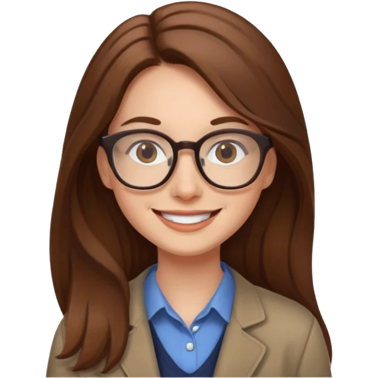 Profesora joven de fotografía, sonrriente cabello castaño y de pelo largo  emoji