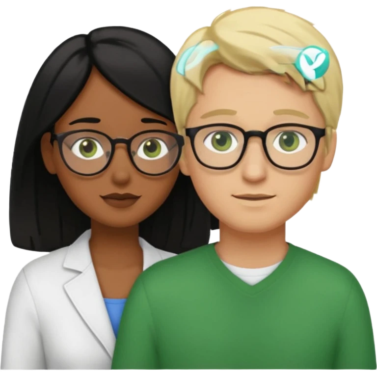 haz una pareja abrazandose, donde la mujer es de piel morena peli negra ojos cafes sin accesorios, y donde el hombre es piel blanca, pelo rubio, ojos verdes con lentes emoji