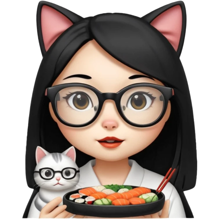 cute girl cat with long straight hair and really big square glasses with super thin frames eating sushi emoji
