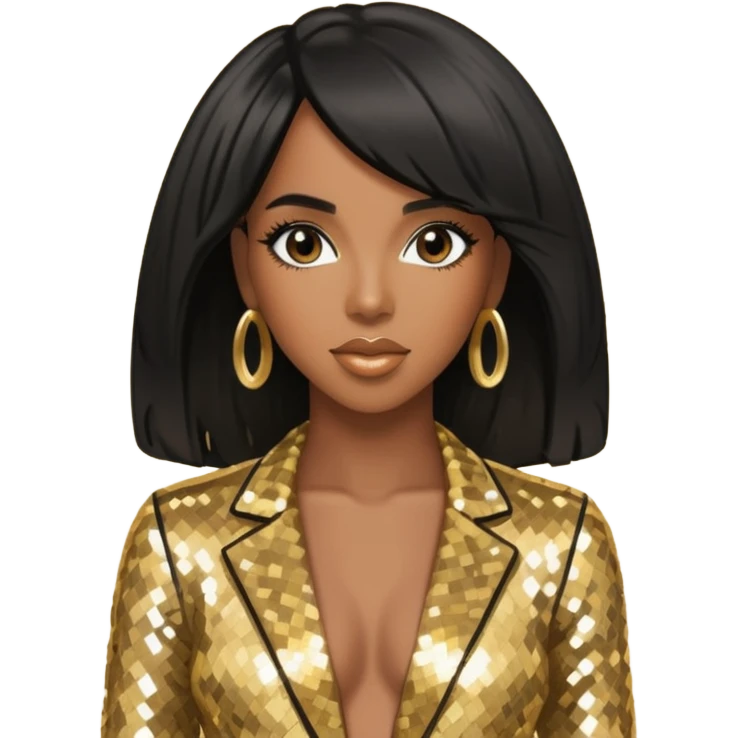 Kelly Rowland with black hair, gold sequin outfit emoji