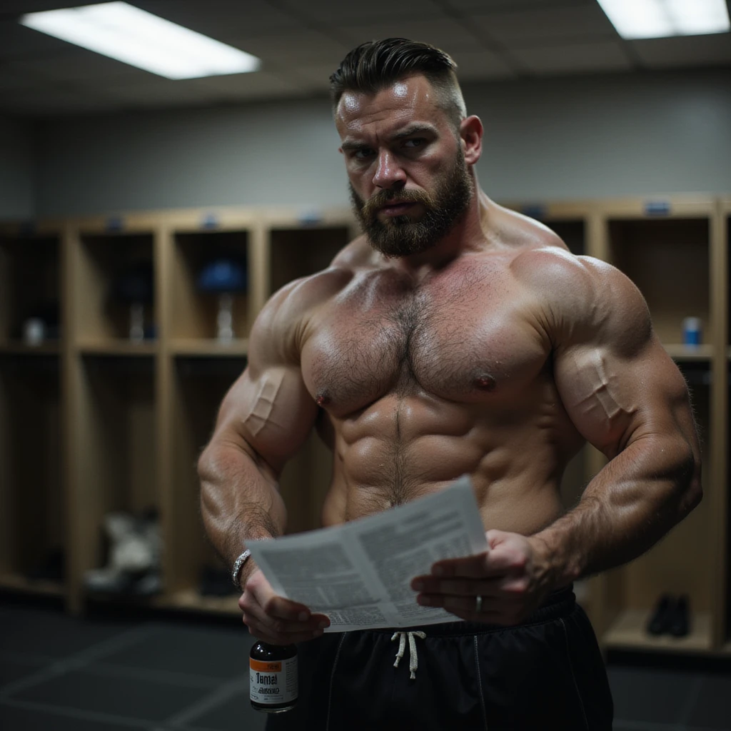 realistic powerlifter in locker room, wearing sportswear, holding a bottle of anabolic steroids (AAS) and reading instructions, uncertain expression, isolated on white background emoji