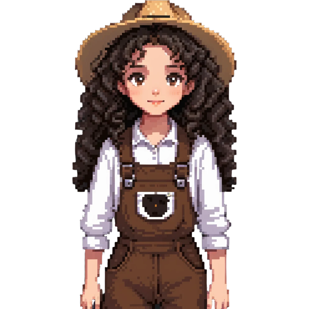 white girl with very curly dark brown hair, brown eyes, wearing farm clothes emoji
