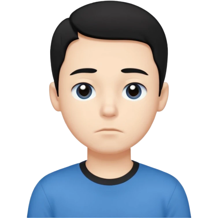 Cute cartoon-style boy portrait, black hair, blue t-shirt, big black eyes, closed mouth,clean bold lines, flat colors, minimal shading emoji
