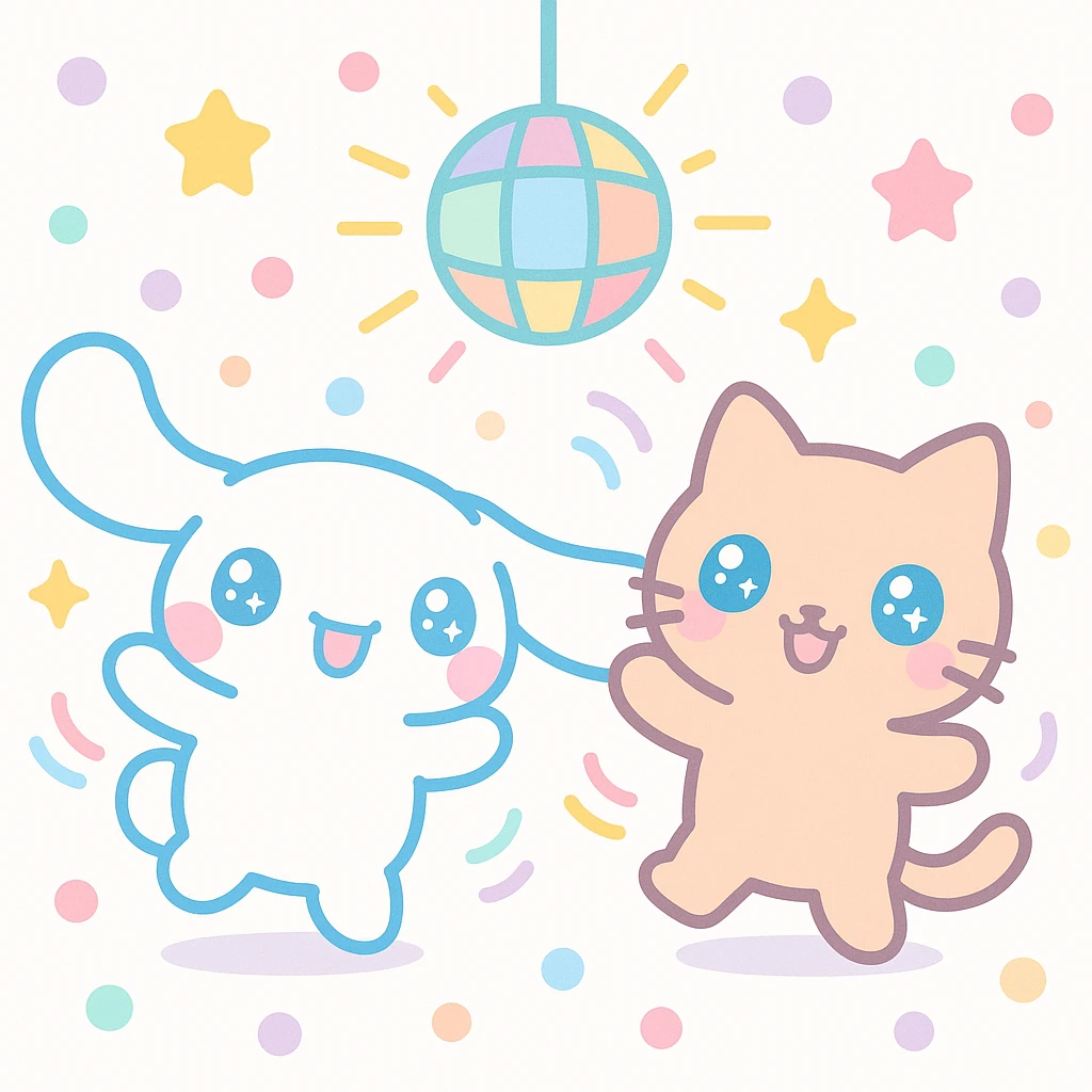Cinnamoroll and a cat at a dance party, kawaii style, colorful lights, happy dancing, festive mood emoji
