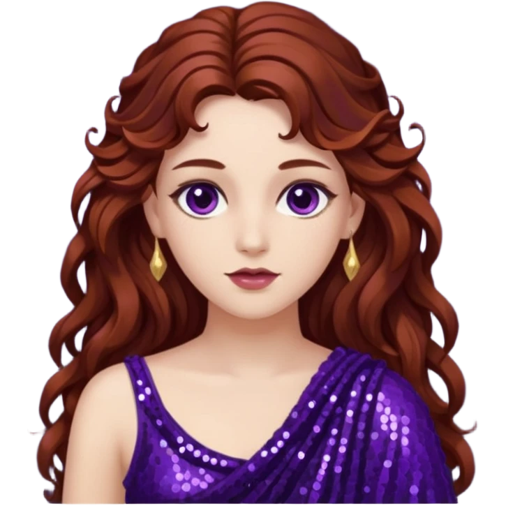 Persephone from Greek Gods with long dark auburn wavy hair, dark purple sequin toga emoji