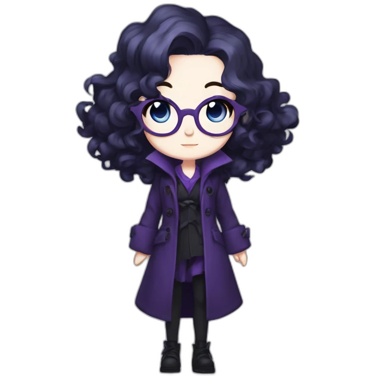 full length anime goth girl in a purple coat, glasses with big blue eyes and white skin and curly black long hair and aristocratic high cheekbones emoji