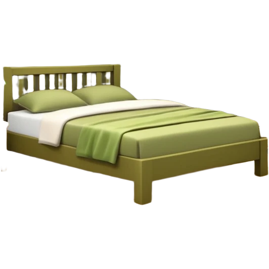 Olive green walls, wooden bed, plants around the room, wooden closet emoji