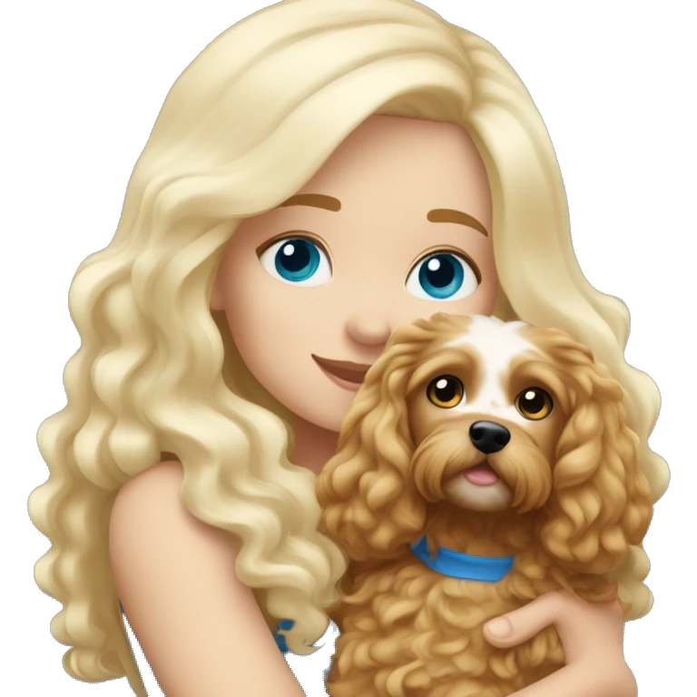 White blond girl with long hair and blue eyes hugging a cavapoo dog emoji