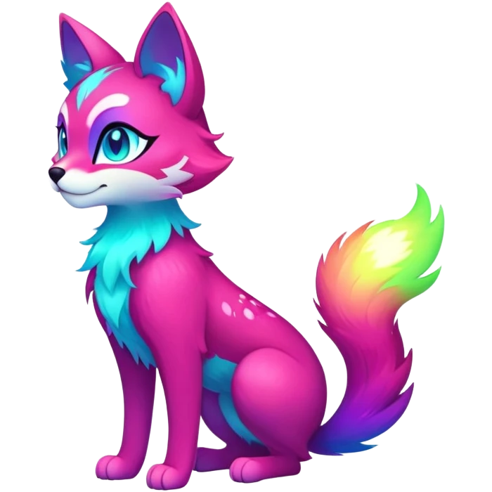 Vibrant multicolored neon-colored Falvie-Fionbri-creature-sparkle-feline-canine-hybrid-fursona, full body emoji