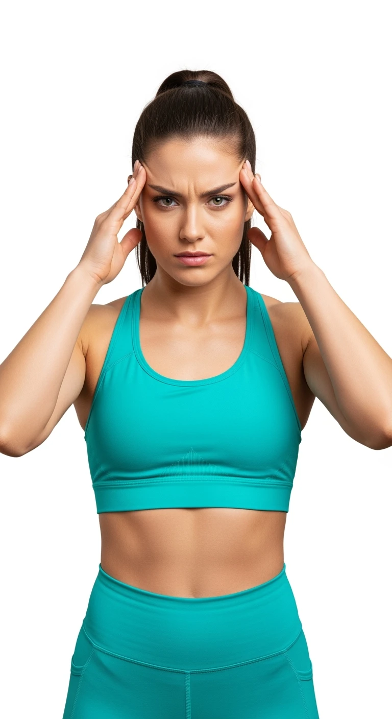 DONNA FITNESS STRESSATA CHE SI TIENE LE DITA SULLE TEMPIE, iperrealistico 4k, ISOLATA SU SFONDO BIANCO emoji