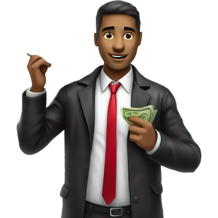 a stock market trader, swarthy mixed skin, with red tie, white shirt, black leather jacket and white cap holding bank notes in his hand emoji
