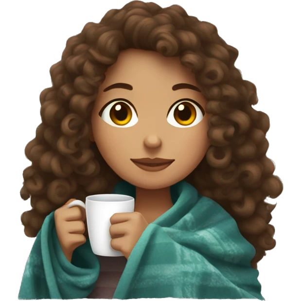 Brown hair Girl with curly hair drinking coffee, with a cozy blanket emoji