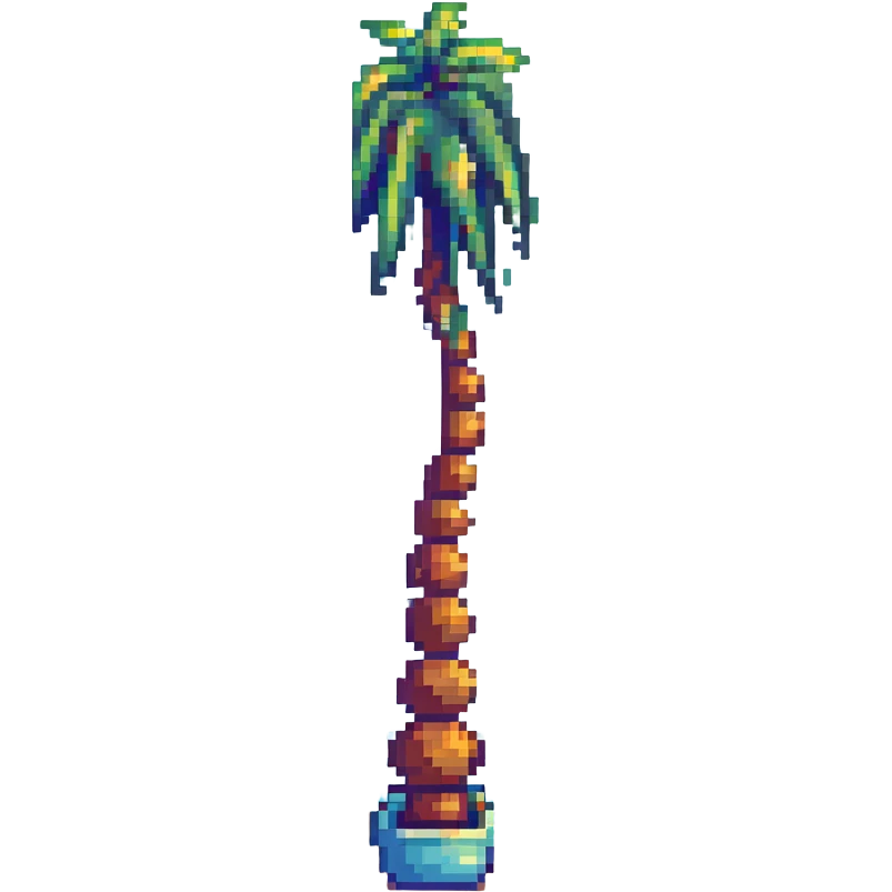 pixel art emoji of a single palm tree on a quiet beach, gentle waves, soft sand, clear blue sky, 16-bit style emoji