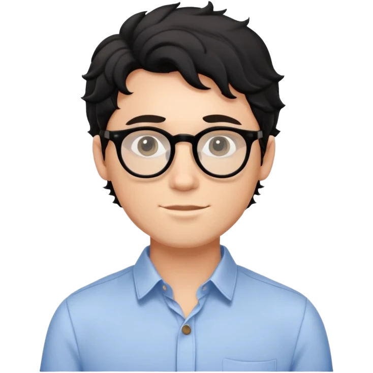 Young caucasian man with black wavy hair, round glasses, torso only, wearing relaxed buttoned-up shirt without a tie emoji