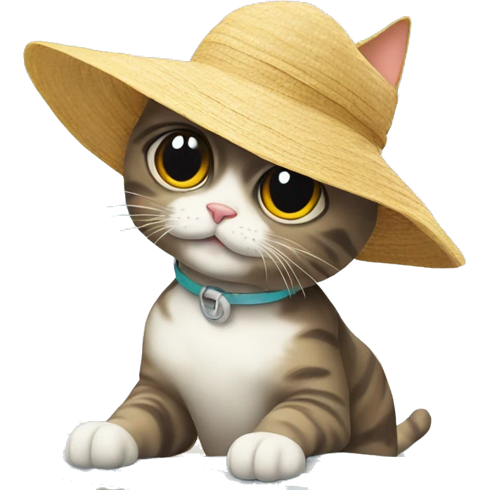 A cat on the beach, wearing a sun hat emoji