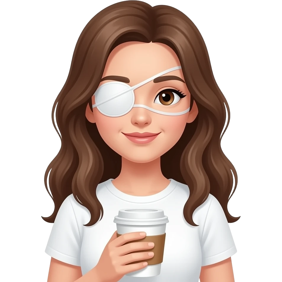 emoji apple chica de piel blanca, morena de pelo suelto que se le vea bien la cara con unos parches de contorno de ojos que se colocan bajo los ojos, sobre las ojeras negros puestos en la cara y que esté sujetando una taza de cafe. tiene que cubrir toda la ojera. camiseta blanca emoji