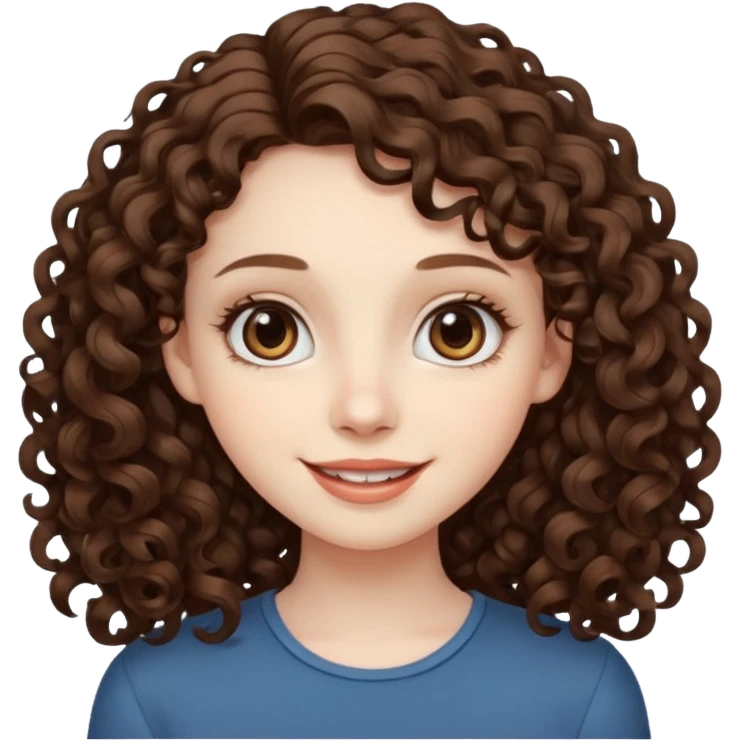 Light brown eyed female with pale skin. She has big eyes, curly and long dark brown hair and thin lips smiling. emoji