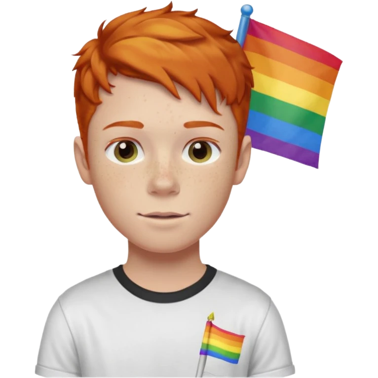 A gay, ginger, young, freckled, boy with a shirt with JUDE on it holding a pride flag emoji