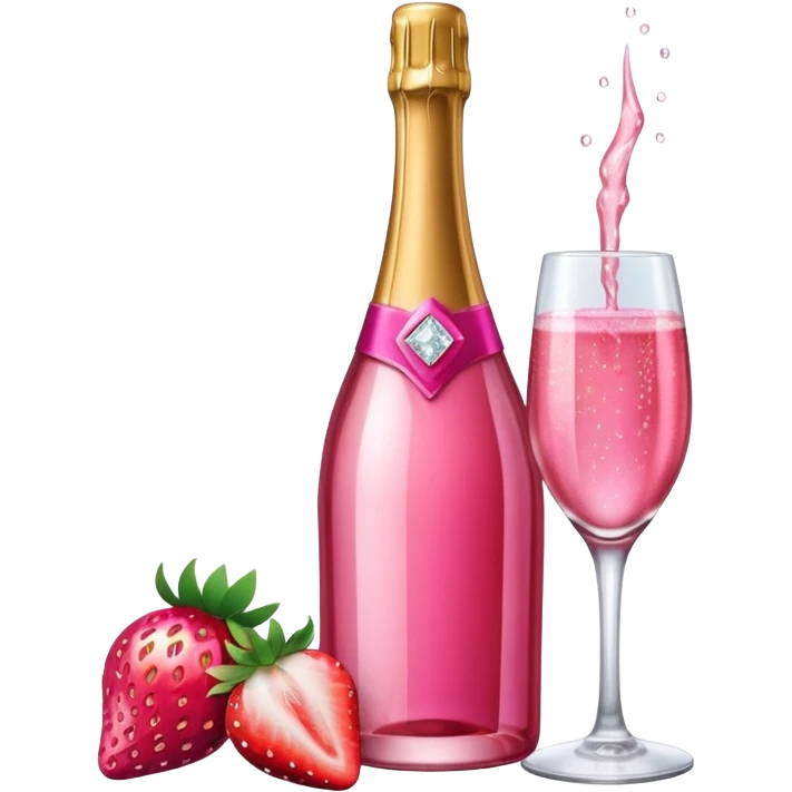 Realistic sparkling diamond glam hot pink champagne bottle with hot pink champagne in glass with strawberry ì> emoji