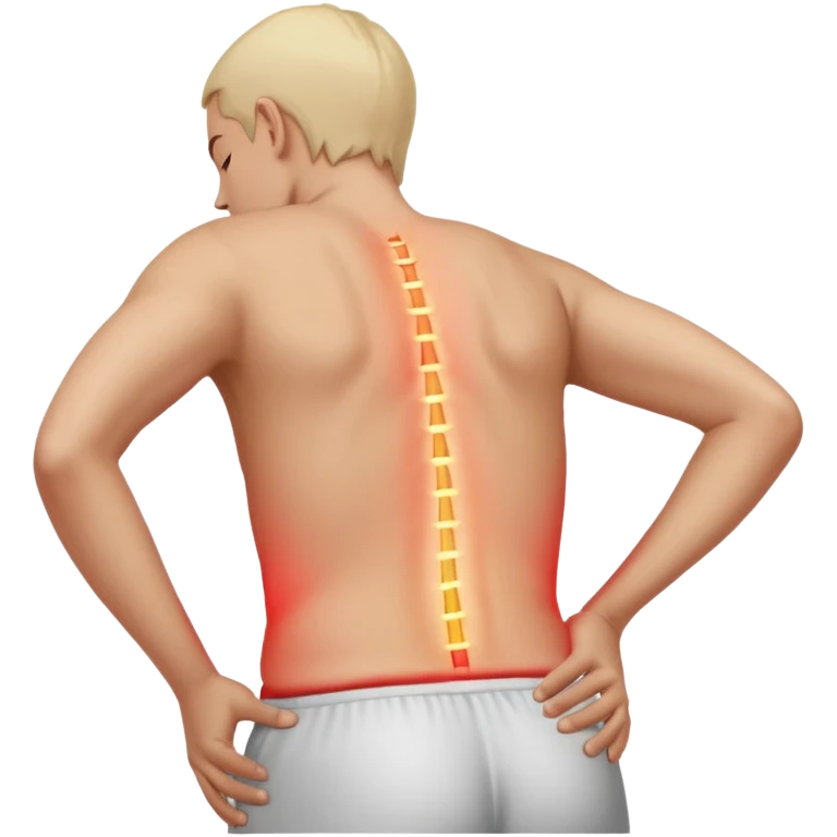 A realistic medical illustration of a person standing and holding their lower back in pain. A soft red glow highlights the lower back area to indicate soreness. The person has a natural expression of discomfort. Clean white background, even lighting, clinical style, full body view. emoji