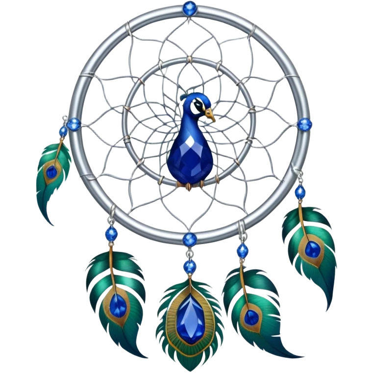 a Silver Dreamcatcher with sapphire-stones and emerald-stones, and with peacock-feathers. Big sapphire gem in the middle. Many tiny emeral gems around it.   emoji