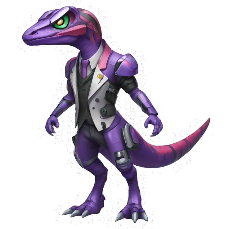 Colorful Edgy Velociraptor-Genesect-Fakémon-Pokémon wearing a with a futuristic cyber-helmet And suit Full Body emoji