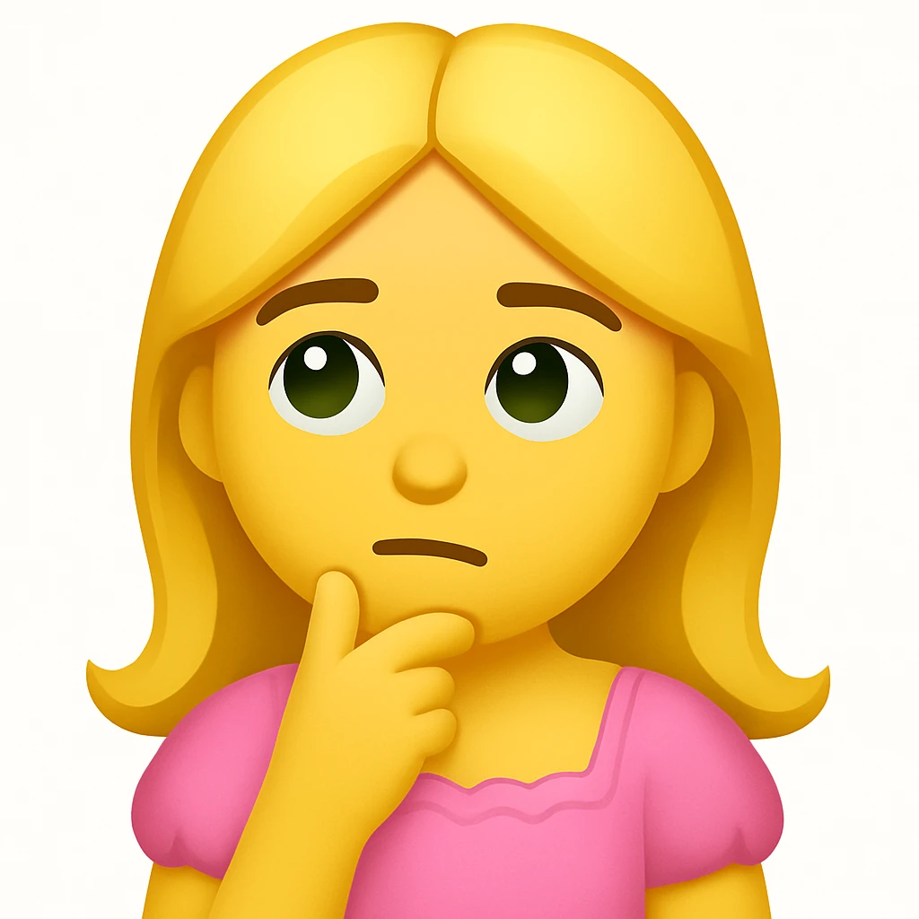 Create an edited version of the reference image in the style of apple emojis. The character should have blonde long hair, green swamp eyes, and wear a pink pastel dress. Change the expression to a thoughtful expression while keeping all facial features, clothes, and hairstyle from the reference. emoji