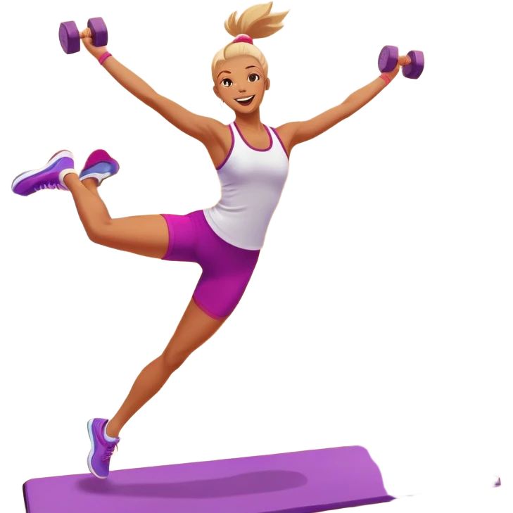 An energetic person performing an aerobics workout in a brightly lit gym, jumping and stretching with enthusiasm. The scene includes vibrant fitness equipment like dumbbells and exercise mats, with a background of cheerful, motivating colors, conveying energy and movement. emoji