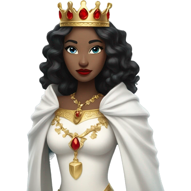 Queen with pale skin, icy blue eyes, bright red lips, long black hair, gold crown, and white robes. emoji