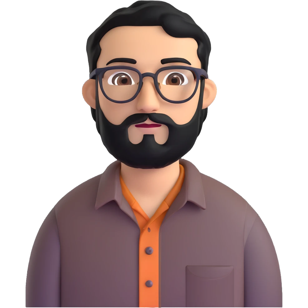 man with medium black beard, black hair, connected unibrow, olive tan skin, brown eyes, glasses, prominent long nose, wearing casual business attire like a button-up shirt without tie emoji