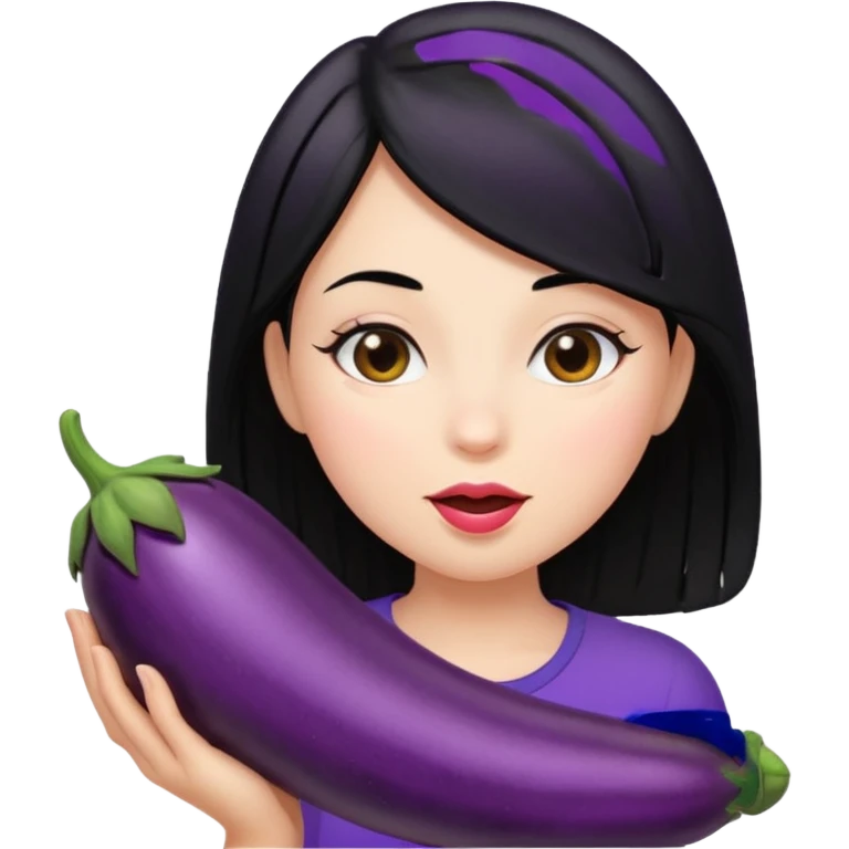 Girl with black hair sucking eggplant emoji