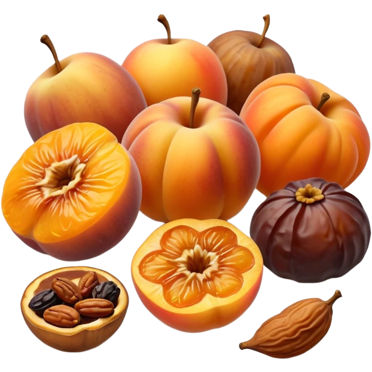 small group of dried fruits apricots figs dates raisins apple rings gently scattered, natural color variation, wrinkled texture, warm orange brown amber golden tones, 3D-rendered, minimalist, realistic, soft shadows, no anthropomorphic features, no bowl or tray, transparent background, emoji scale emoji