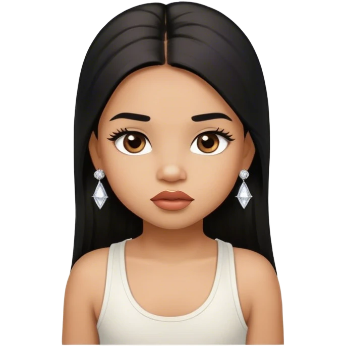 light brown skin tone, very adorable toddler, with big plump lips, long long lashes, black straight long hair, brown eyes, white tank top, diamond stud earrings emoji