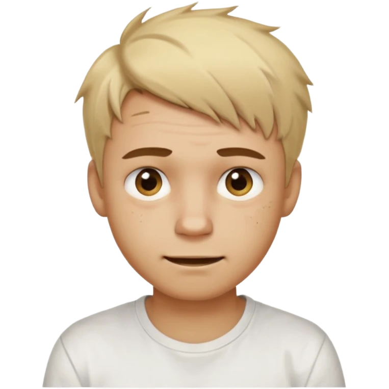 Male with short, messy blonde hair, large expressive golden-brown eyes, light brown skin, subtle facial bruises and scratches, crooked smile showing slightly damaged teeth, wearing a plain white t-shirt, friendly but creepy expression. emoji