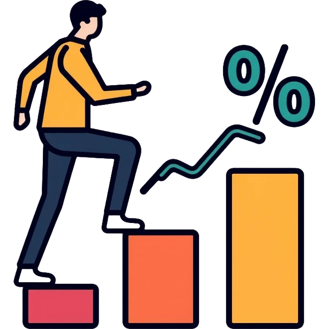 person climbing steps with increasing percentage signs emoji