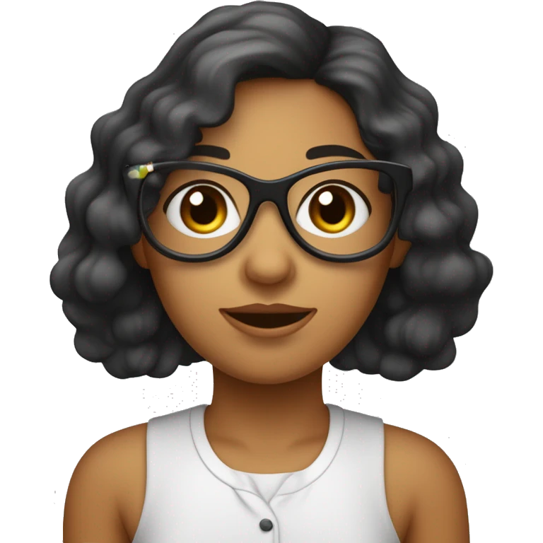 une fille avec des cheveux mi long noir ondulé , des yeux marron , et avec des lunette fine, portant un chemisier blanc.La peau légèrement basané.le visage alongé emoji