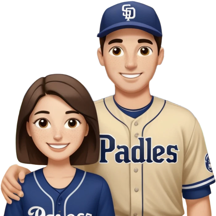 White Smiling couple. Woman has big cheeks and a lot of freckles on the nose. Medium long brown hair. Man has black and very short hair and prominent eyebrows with egipcian nose. Both are wearing “Los Padres” baseball jerseys and with a sign that says “Go Padres” emoji